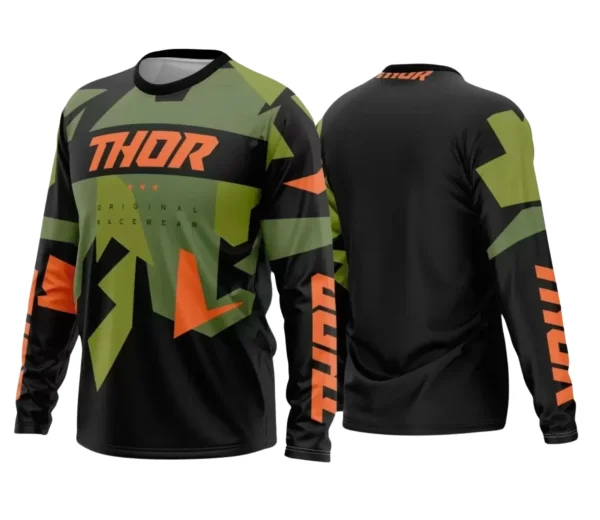 Camisa de motocross com logo no peito e estampa grande nas costas, design moderno para trilheiros que buscam estilo e autenticidade em seus passeios off-road.